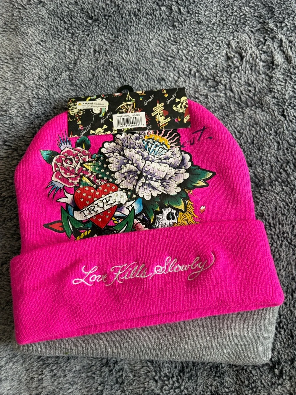 Ed Hardy Hot Pink Floral 'Love Kills Slowly' Knit Beanie .